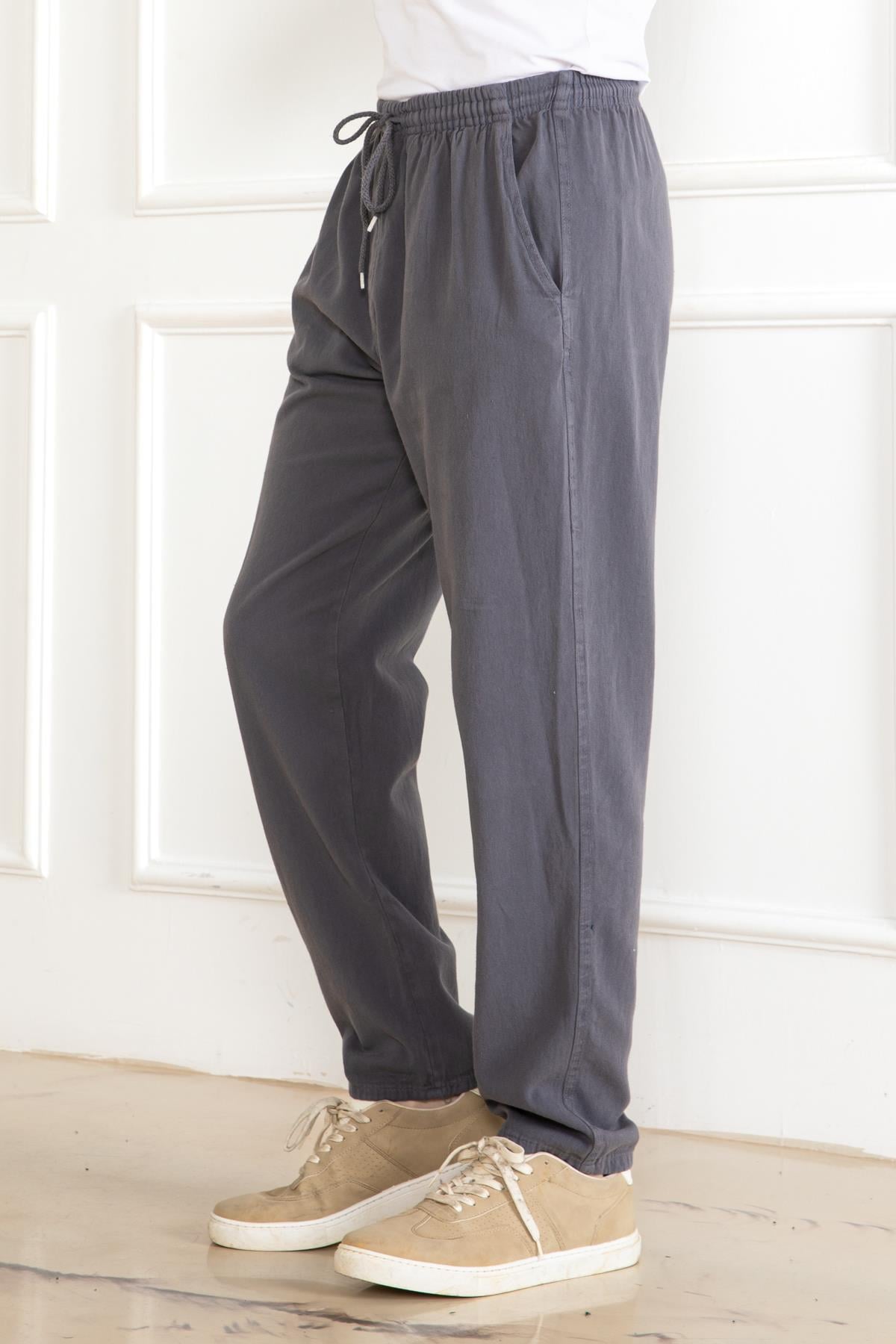 ERKEK OVERSİZE BELİ LASTİKLİ KALIN KETEN RAHAT DÜZ PAÇA SALAŞ ALT JOGGER GRİ PANTOLON