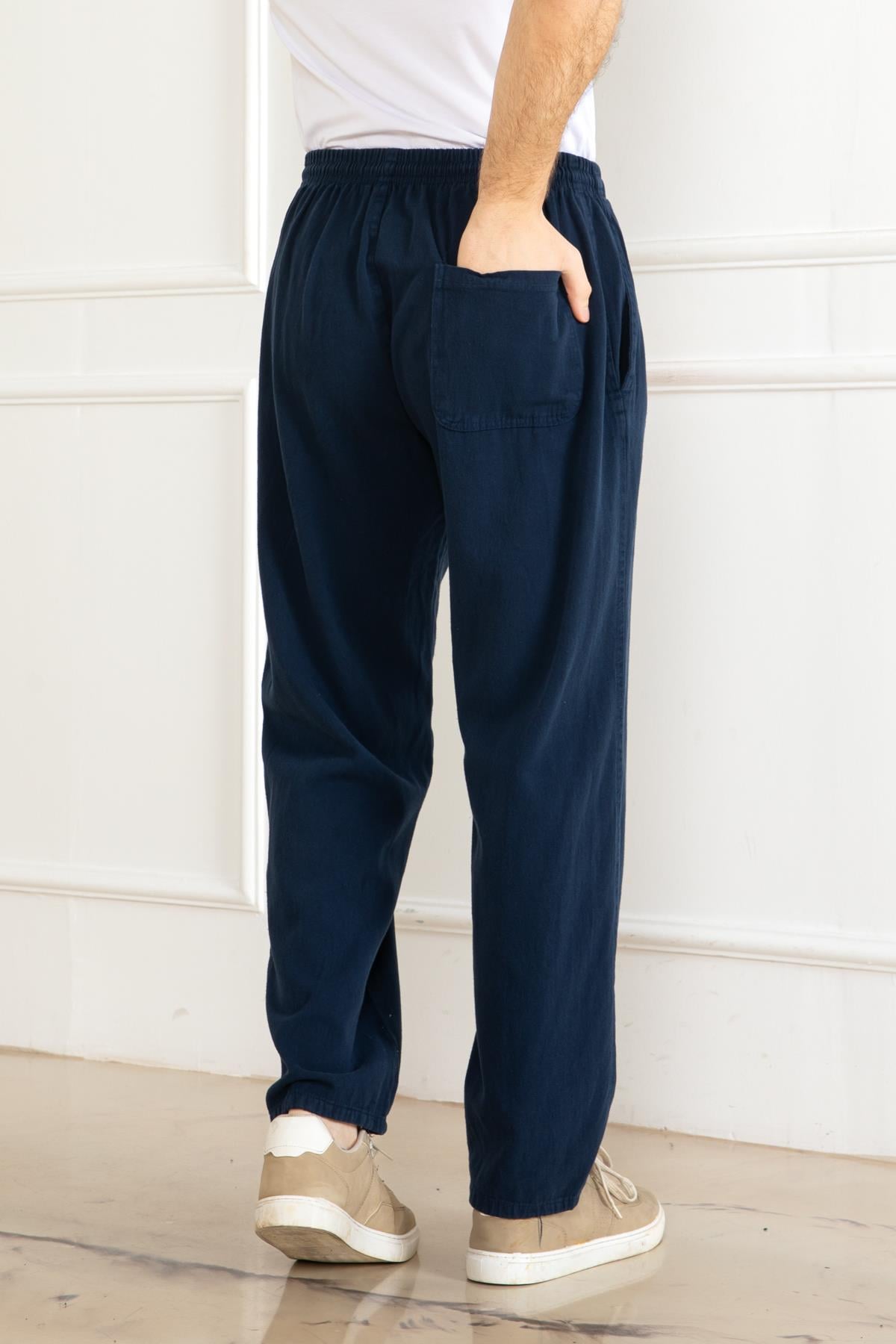 ERKEK OVERSİZE BELİ LASTİKLİ KALIN KETEN RAHAT DÜZ PAÇA SALAŞ ALT JOGGER LACİVERT PANTOLON