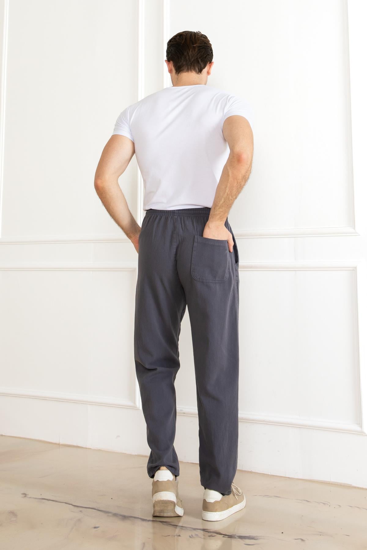 ERKEK OVERSİZE BELİ LASTİKLİ KALIN KETEN RAHAT DÜZ PAÇA SALAŞ ALT JOGGER GRİ PANTOLON