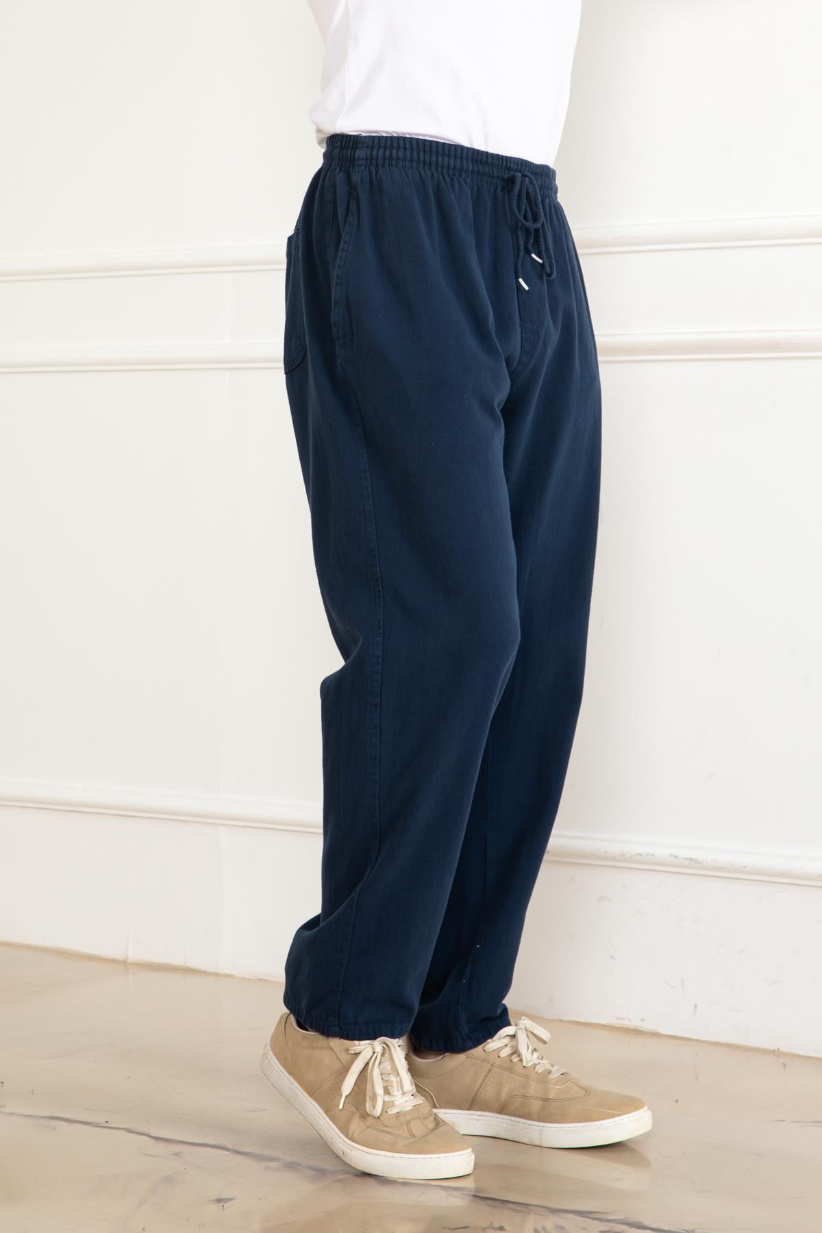 ERKEK OVERSİZE BELİ LASTİKLİ KALIN KETEN RAHAT DÜZ PAÇA SALAŞ ALT JOGGER LACİVERT PANTOLON