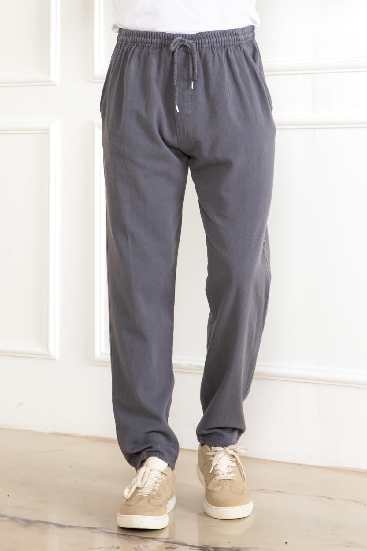 ERKEK OVERSİZE BELİ LASTİKLİ KALIN KETEN RAHAT DÜZ PAÇA SALAŞ ALT JOGGER GRİ PANTOLON