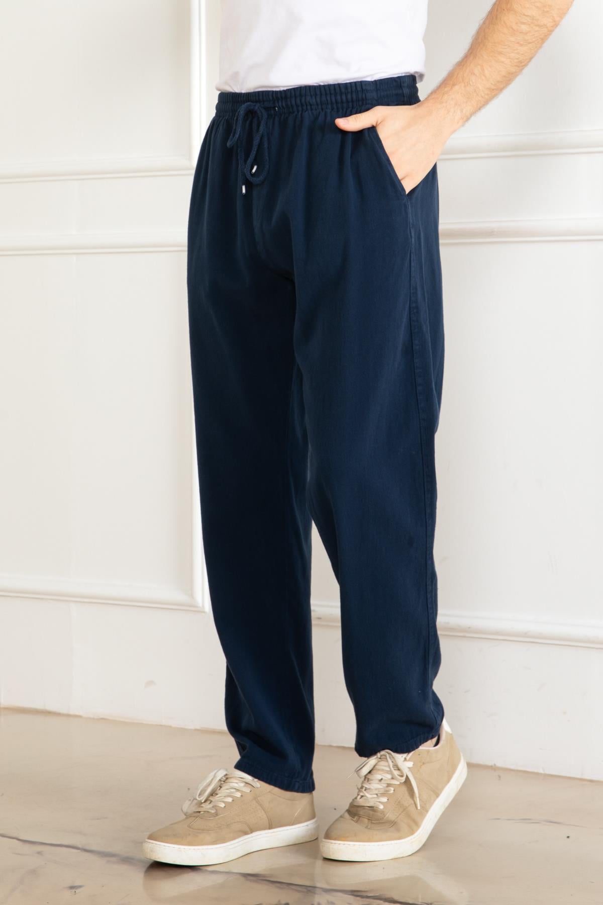 ERKEK OVERSİZE BELİ LASTİKLİ KALIN KETEN RAHAT DÜZ PAÇA SALAŞ ALT JOGGER LACİVERT PANTOLON