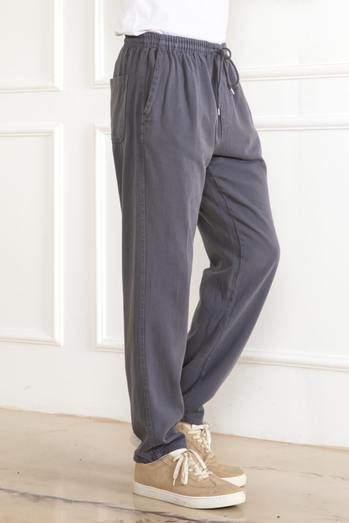 ERKEK OVERSİZE BELİ LASTİKLİ KALIN KETEN RAHAT DÜZ PAÇA SALAŞ ALT JOGGER GRİ PANTOLON