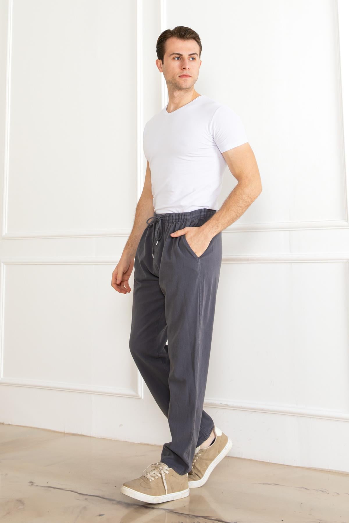 ERKEK OVERSİZE BELİ LASTİKLİ KALIN KETEN RAHAT DÜZ PAÇA SALAŞ ALT JOGGER GRİ PANTOLON