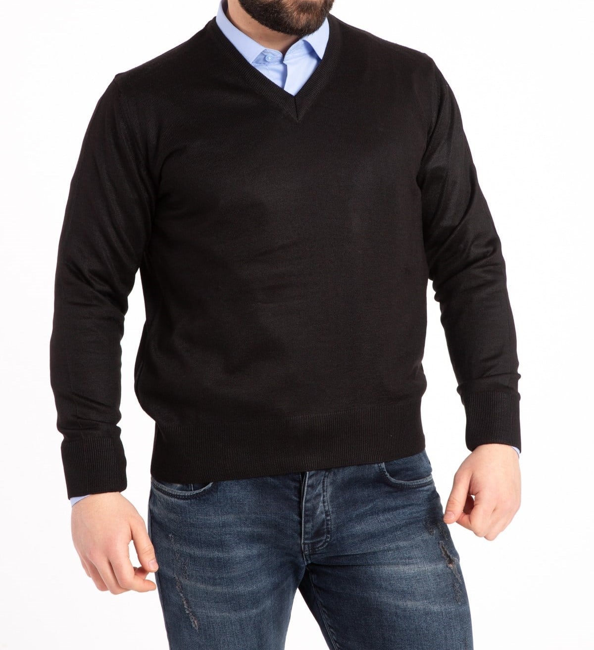 Erkek SİYAH V Yaka Kazak