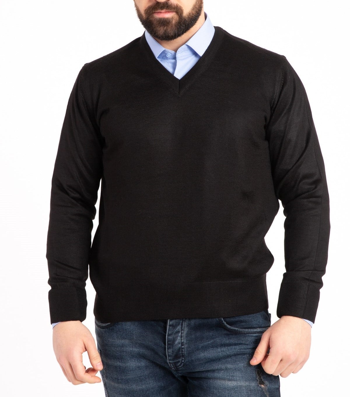 Erkek SİYAH V Yaka Kazak
