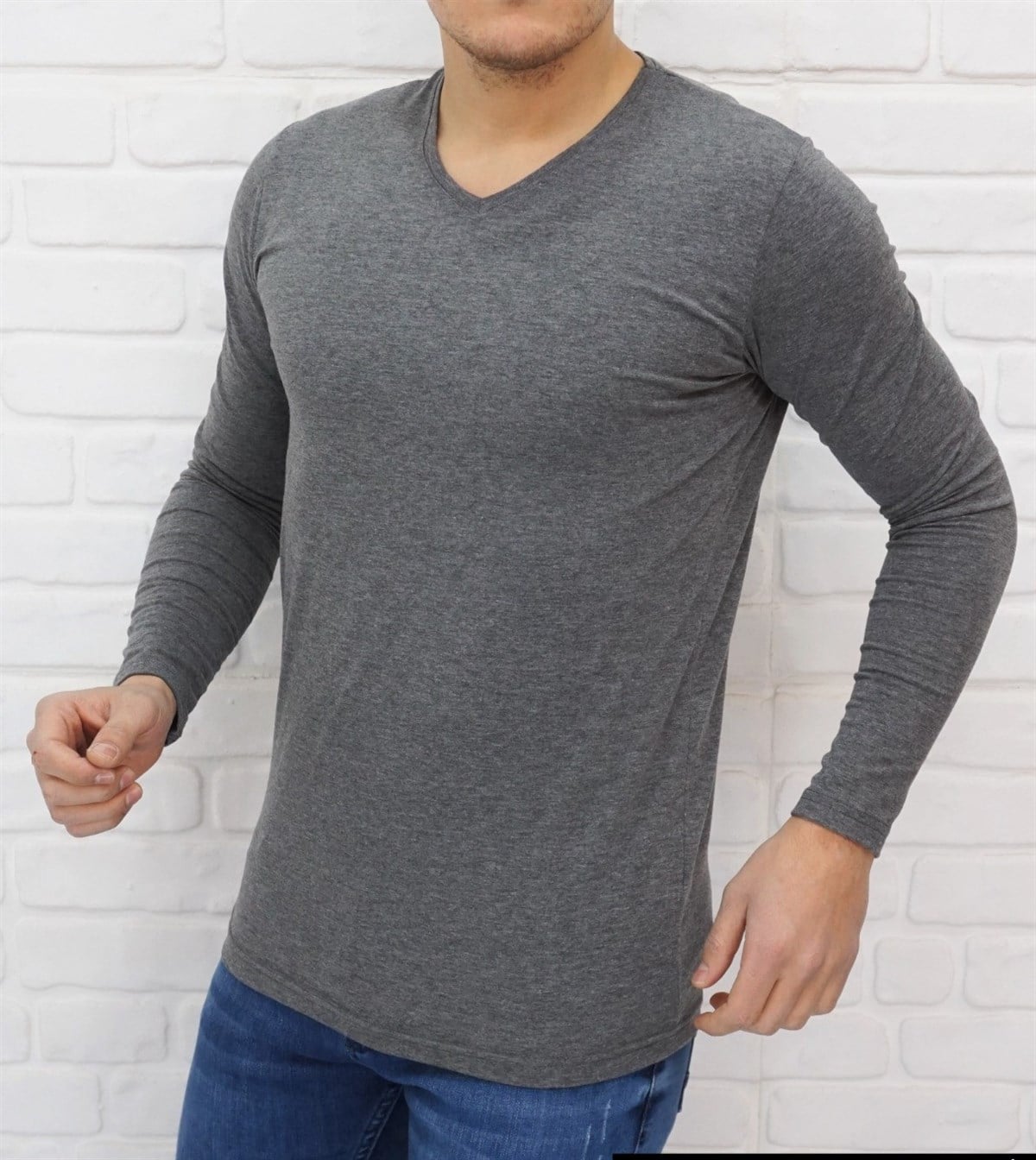 ERKEK V YAKA ANTRASİT UZUN KOL T-SHIRT