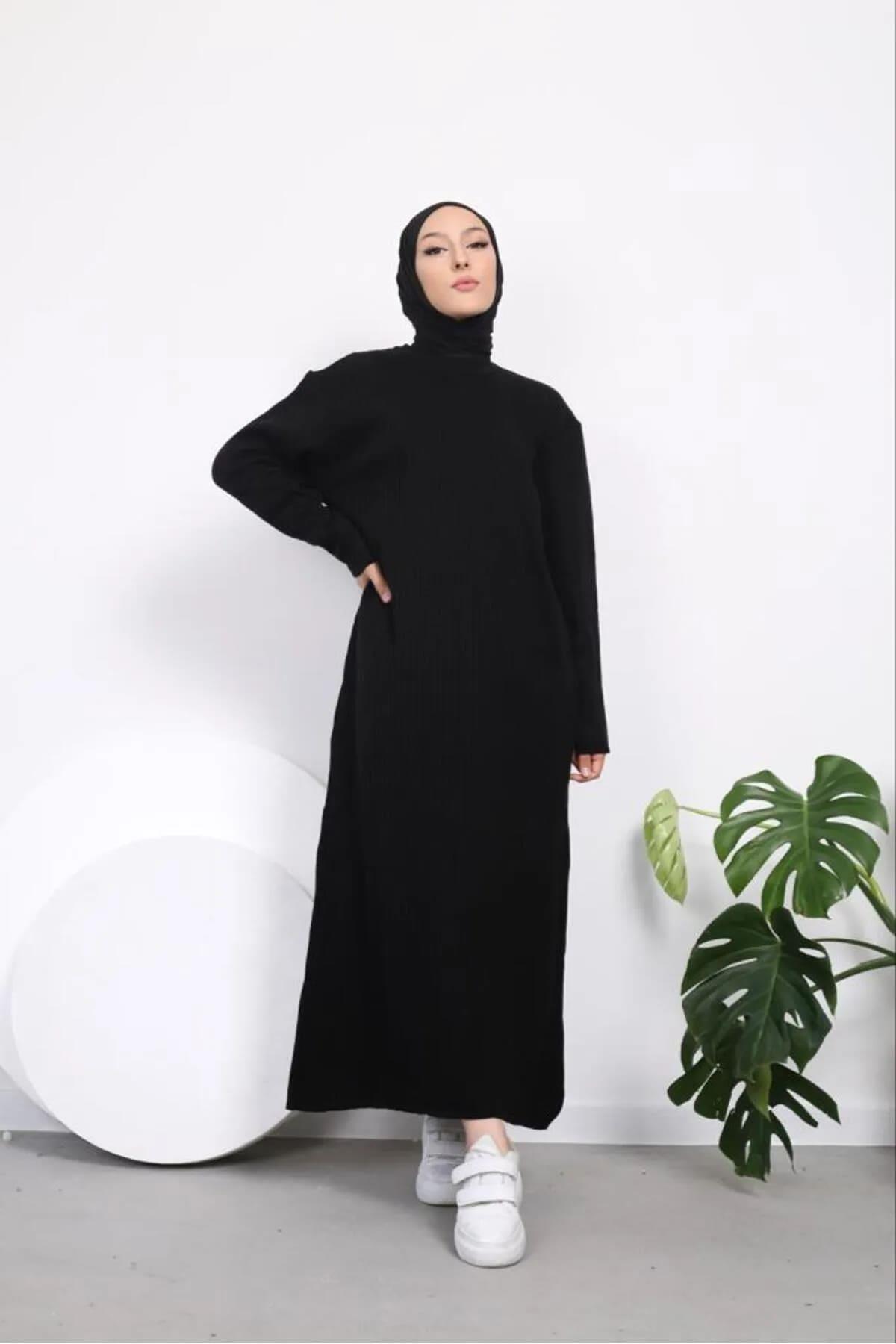 Kadın Likralı Standart Beden Bisiklet Yaka Tam Boy Fitilli Triko Elbise