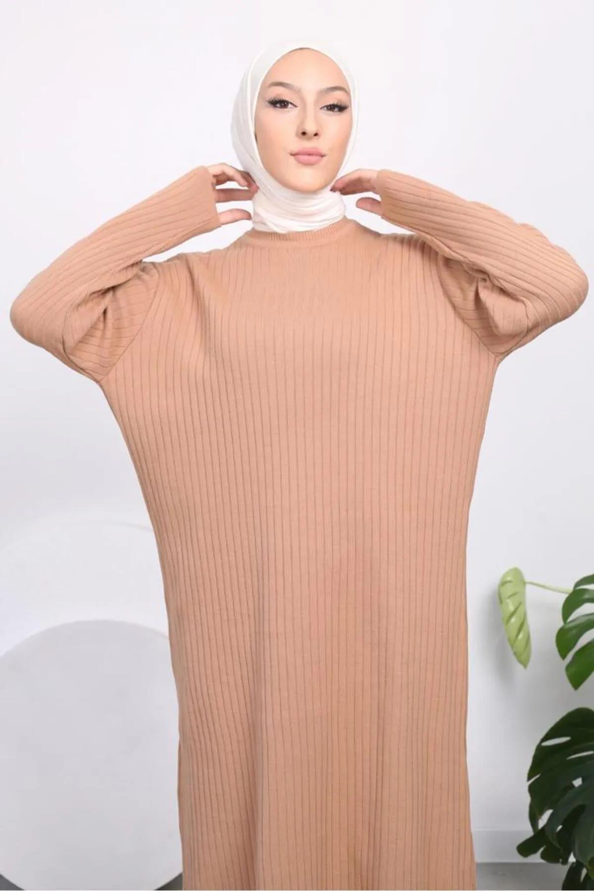 Kadın Likralı Standart Beden Bisiklet Yaka Tam Boy Fitilli Triko Elbise