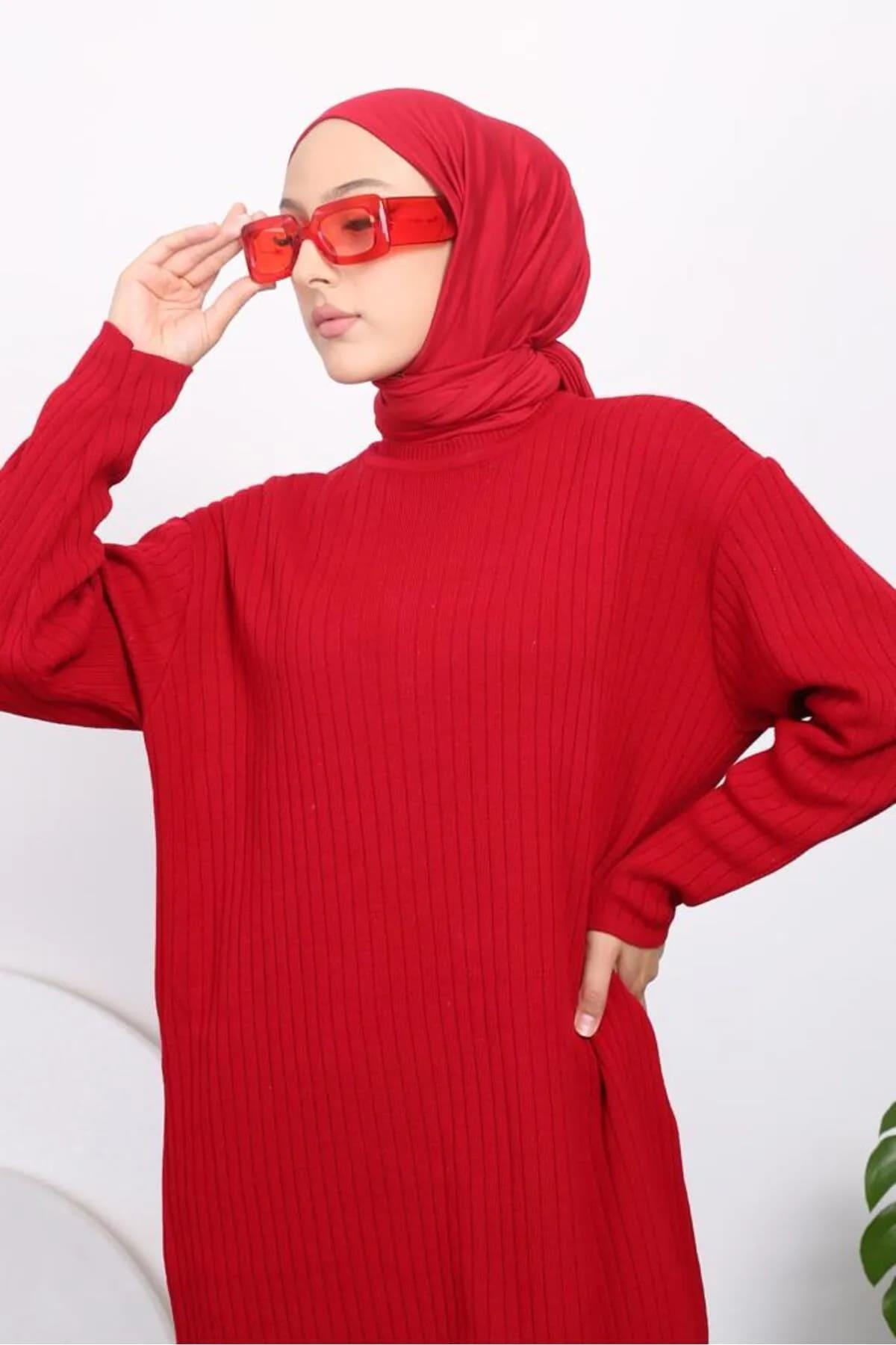 Kadın Likralı Standart Beden Bisiklet Yaka Tam Boy Fitilli Triko Elbise