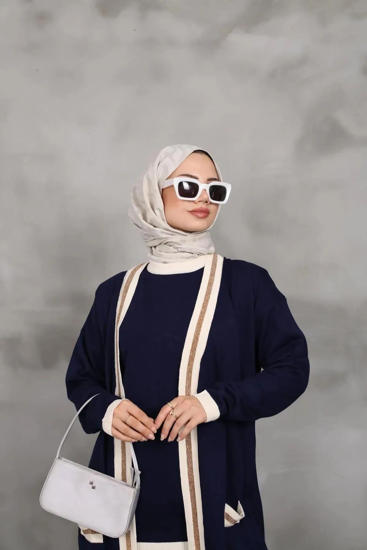 KADIN 3lü TRİKO TUNİK SİMLİ LACİVERT DESENLİ HIRKA TAKIM