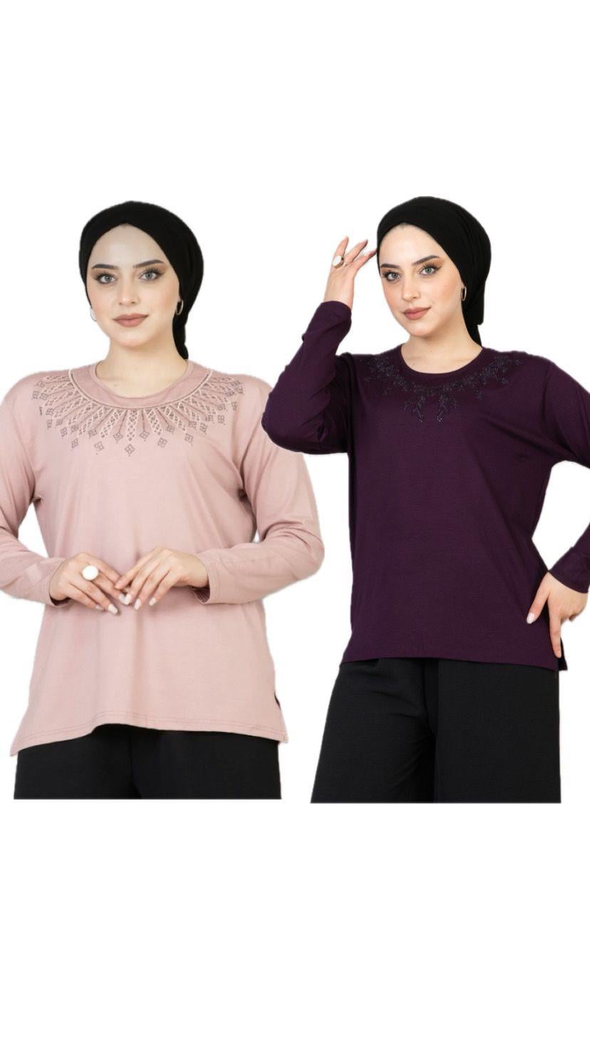KADIN ANNE PENYE 2'Lİ  Likralı Uzun Kol Önü Desenli Anne Penye Bluz Anneler Günü Özel Gün  (2 ADET)