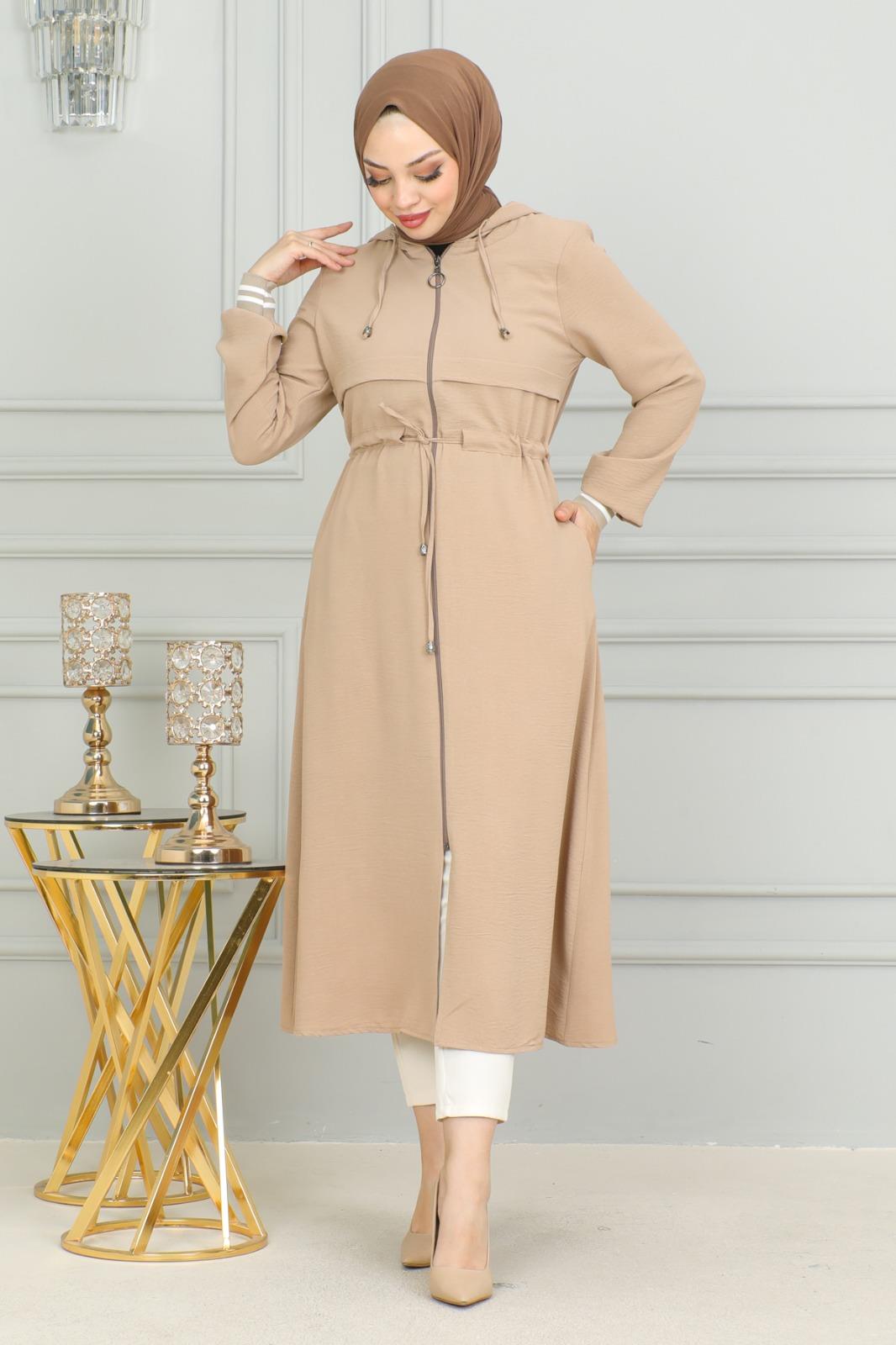 Kadın Beli Bağlamalı Ribanalı Kapüşonlu Önü Fermuarlı Aerobin Kap