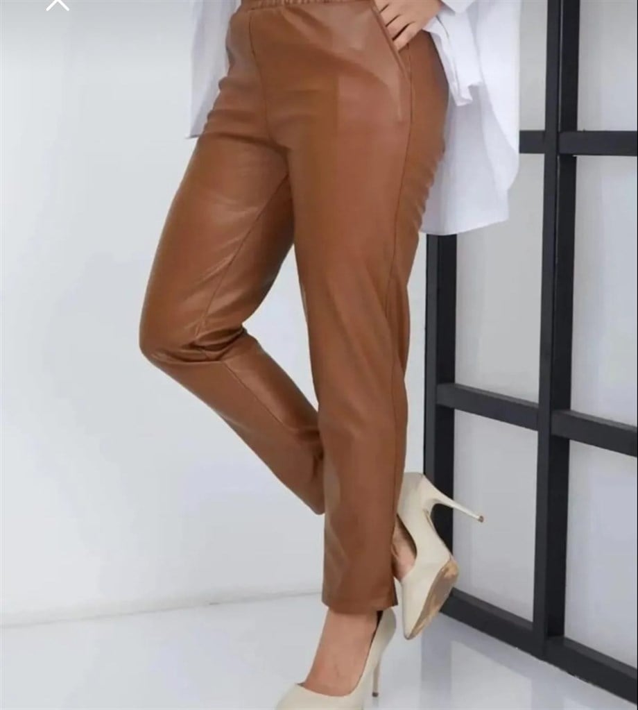 Kadın Beli Lastikli Basic Içi Pamuklu Dar Paça Deri Pantolon