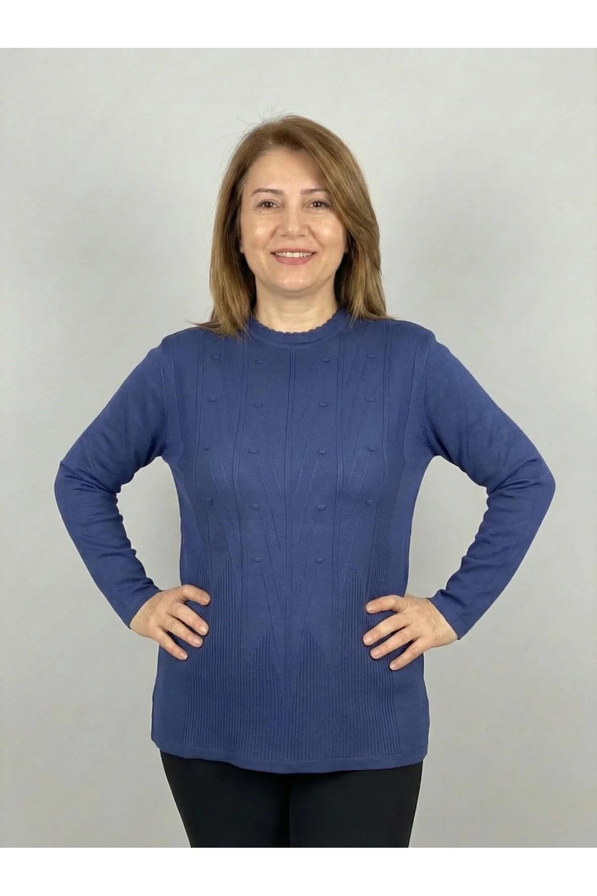 Kadın Lacivert Bisiklet Yaka Kabartma Desenli Uzun Kollu Triko Kazak