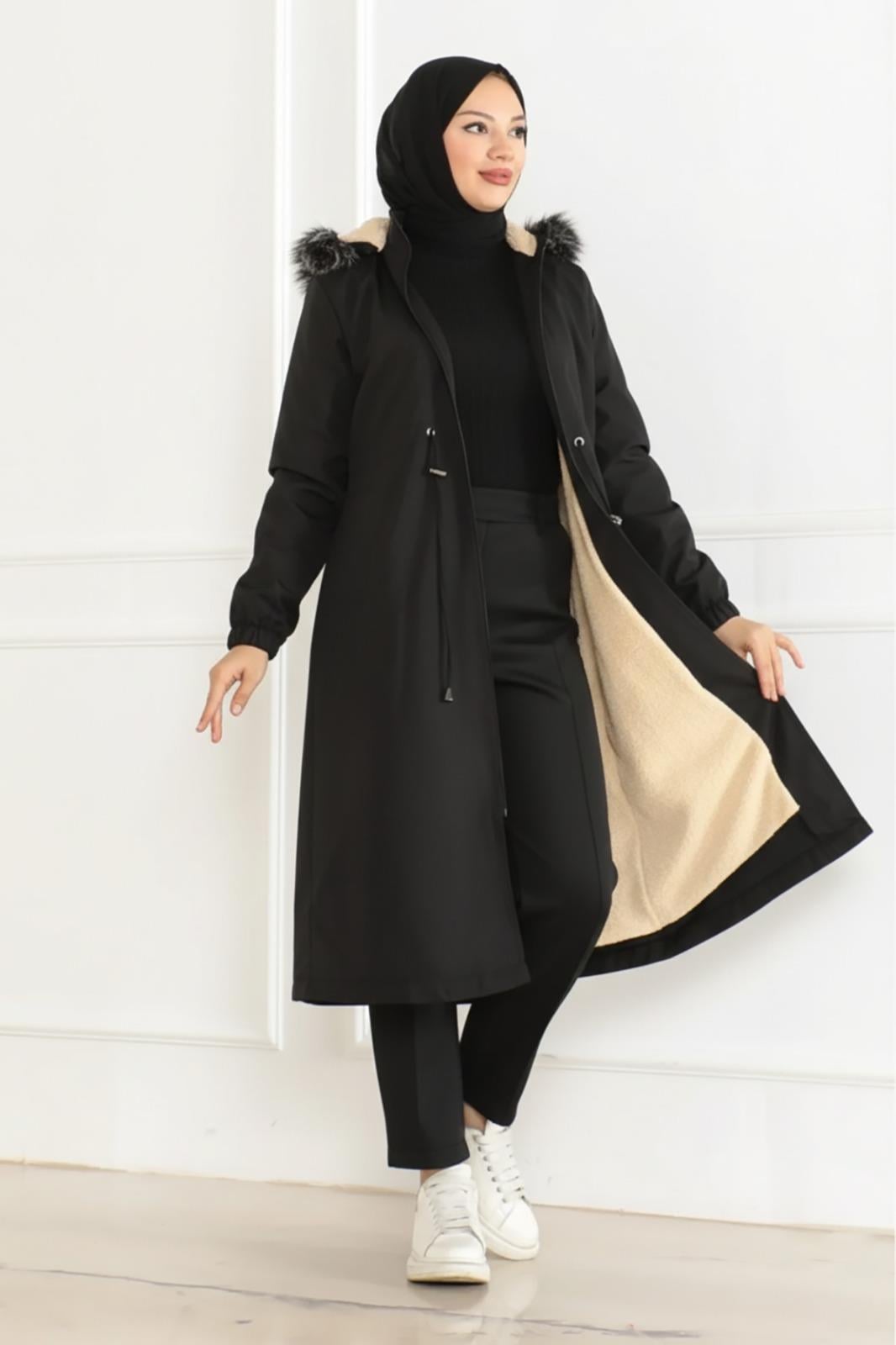 Kadın Bonded Kumaş İçi Kürklü Fermuarlı Siyah Kışlık Mont