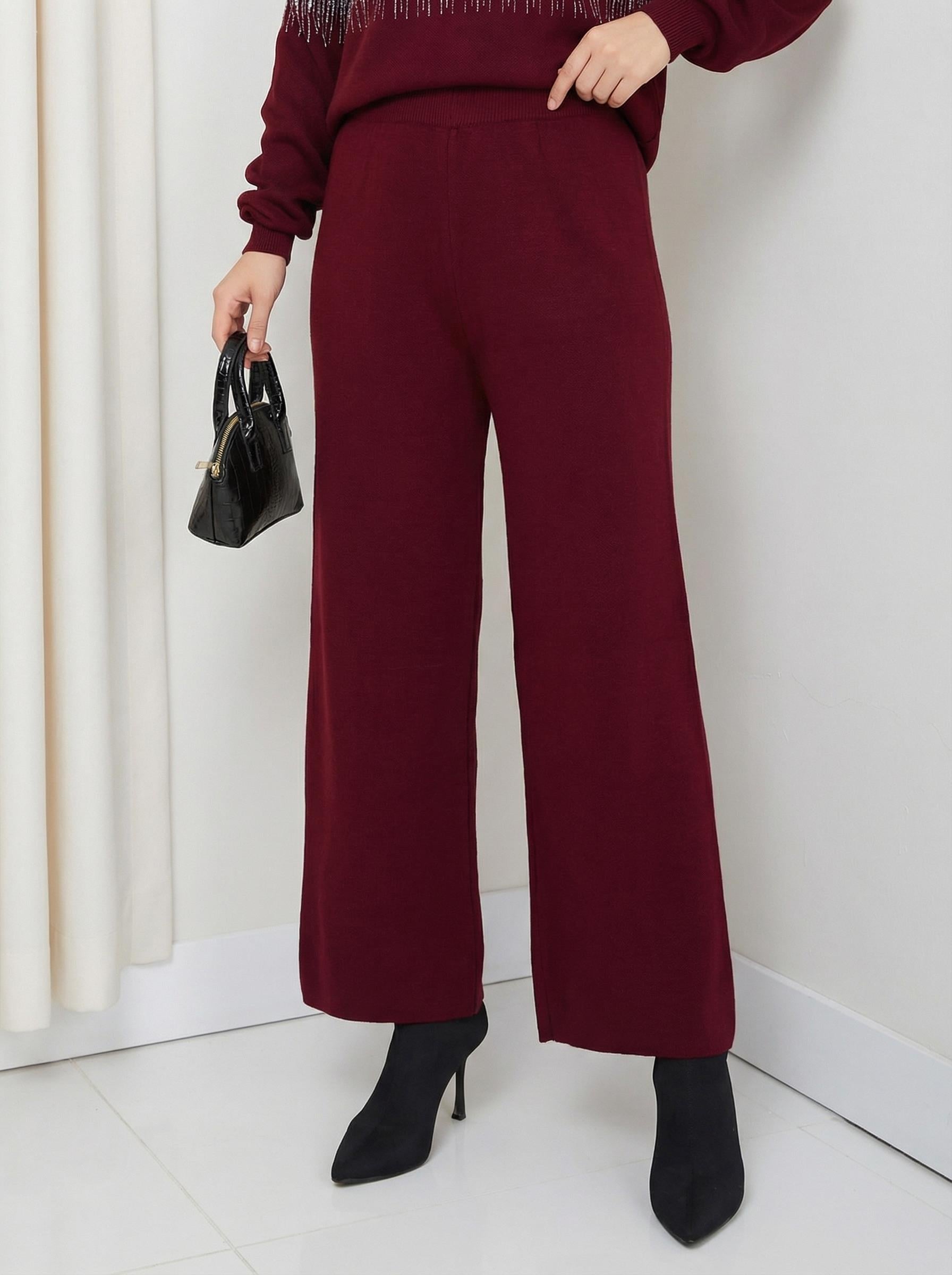 Kadın Bordo Geniş Paça Triko Pantolon - Yumuşak Dokulu, Rahat Kesim Şık
