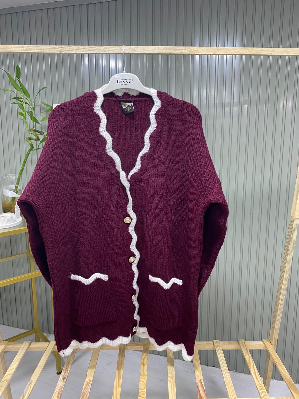 Kadın Bordo V Yaka Dalgalı Kenarlı Salaş Triko Hırka