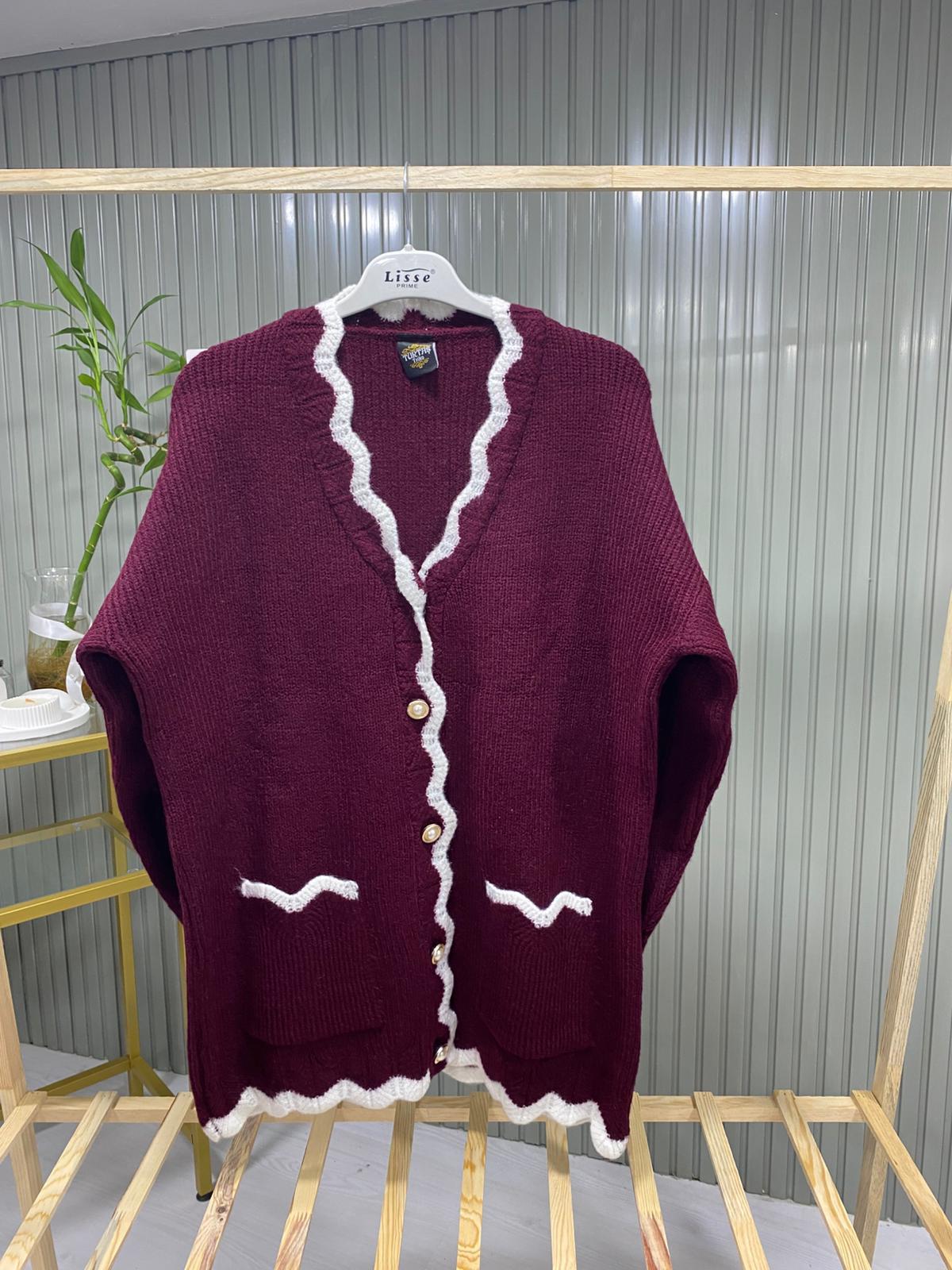 Kadın Bordo V Yaka Dalgalı Kenarlı Salaş Triko Hırka