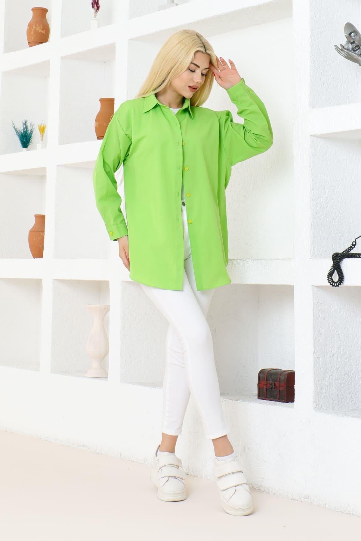 Kadın Düz Renk Keten Rahat Kesim Oversize Uzun Basic Gömlek