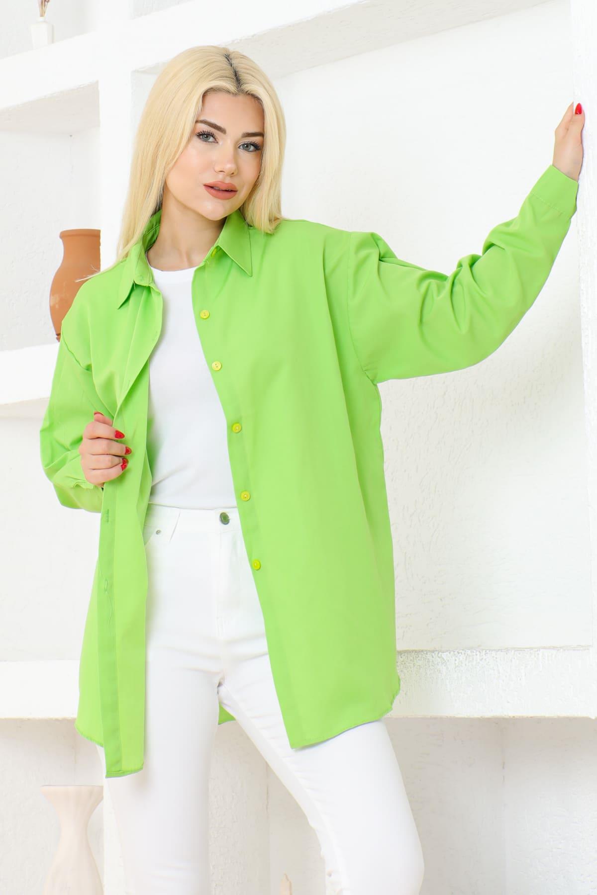 Kadın Düz Renk Keten Rahat Kesim Oversize Uzun Basic Gömlek