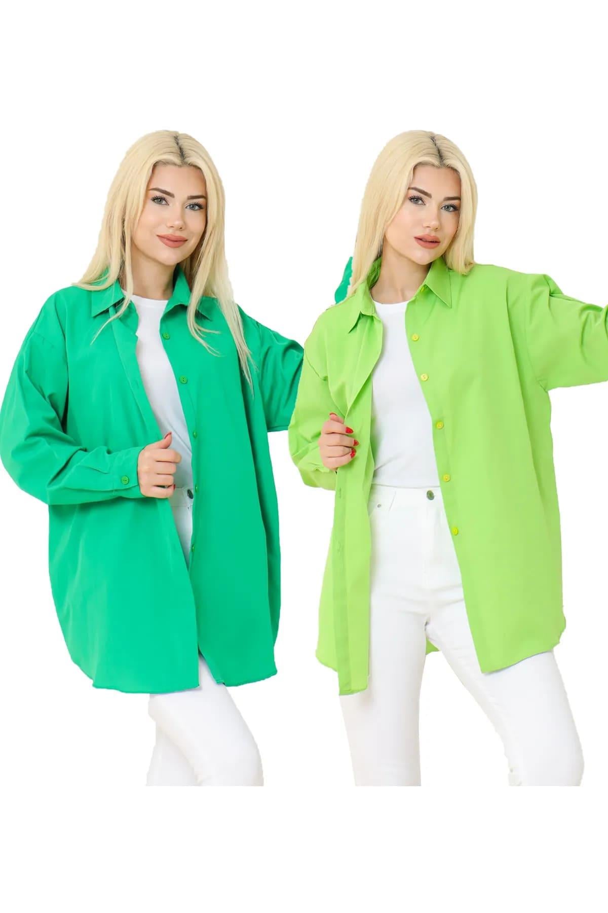 Kadın DÜZ RENK KETEN RAHAT KESİM Oversize Uzun Basic 2li Nefti Yeşil Yeşil Gömlek (2 adet)