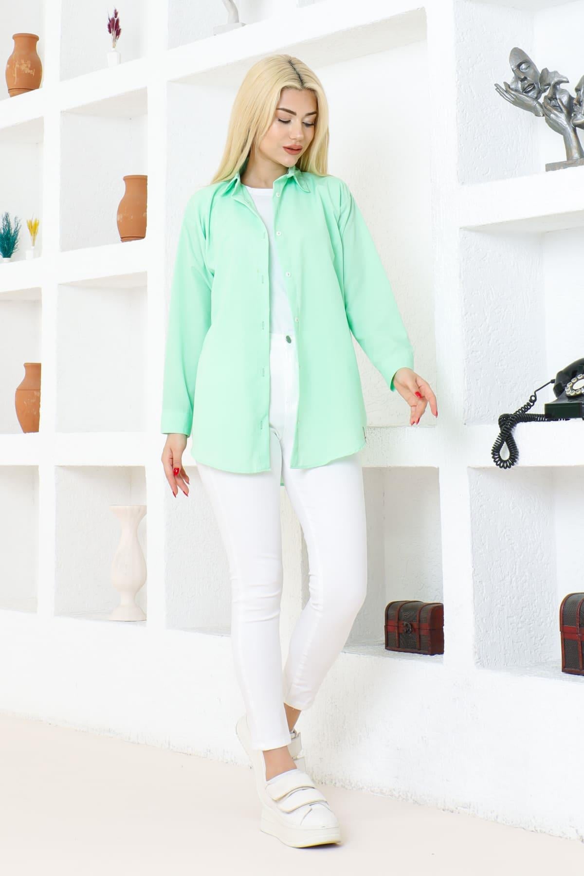 Kadın Düz Renk Keten Rahat Kesim Oversize Uzun Basic Gömlek
