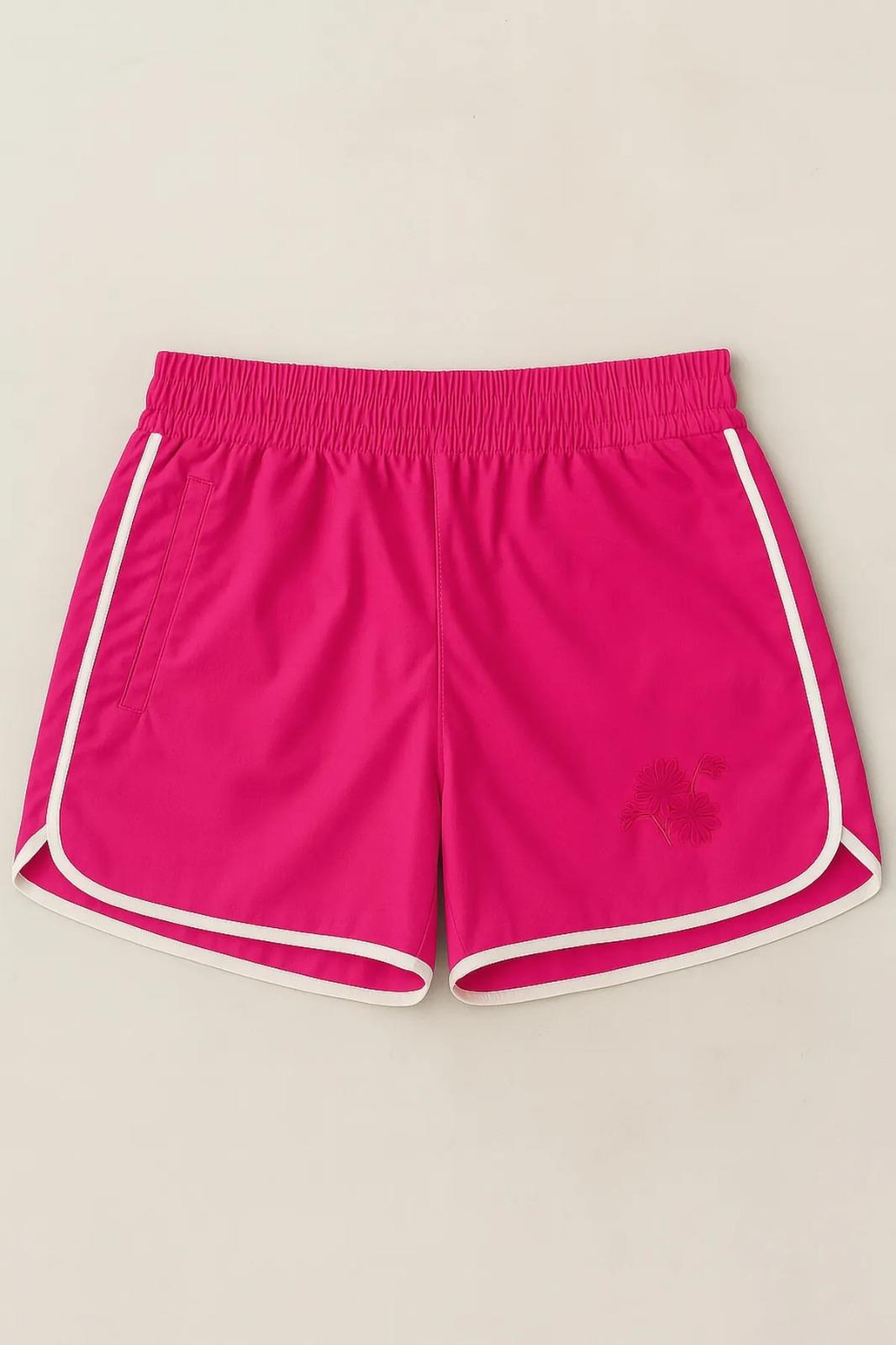 Kadın Fuşya Cepli Çiçek Nakışlı Şeritli Deniz Şortu