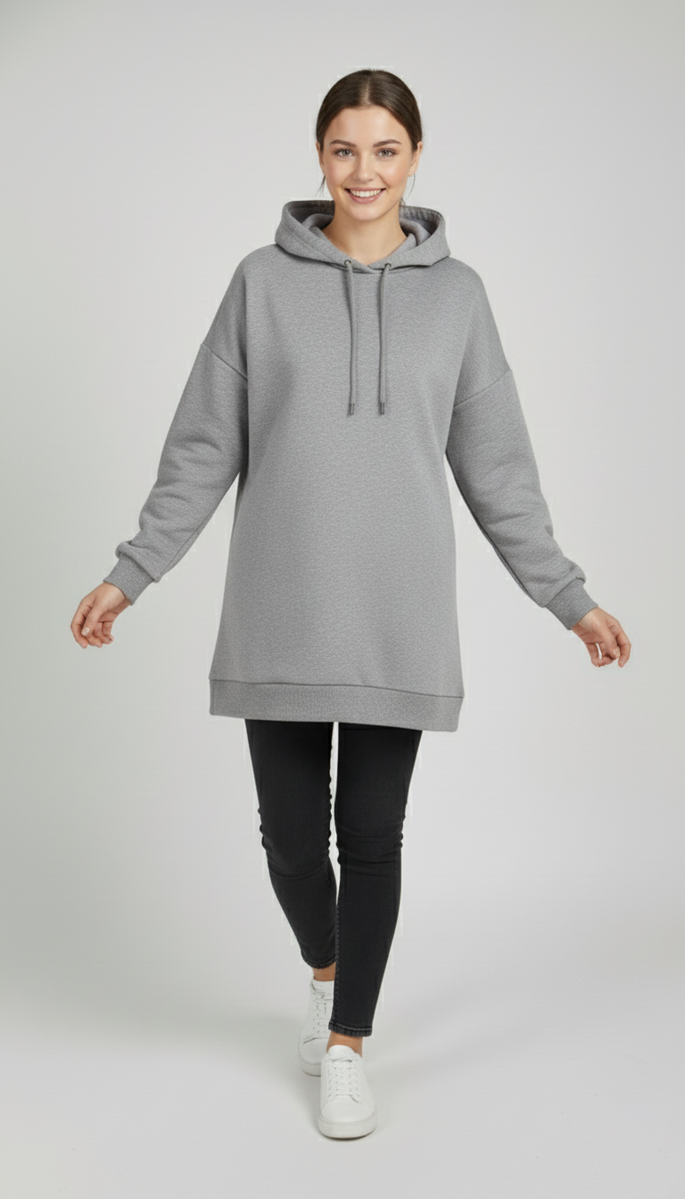 Kadın Gri Basic Oversize Kapüşonlu Çan Model Sweatshirt
