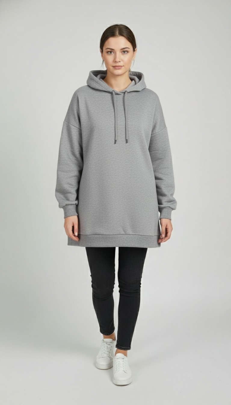 Kadın Gri Basic Oversize Kapüşonlu Çan Model Sweatshirt