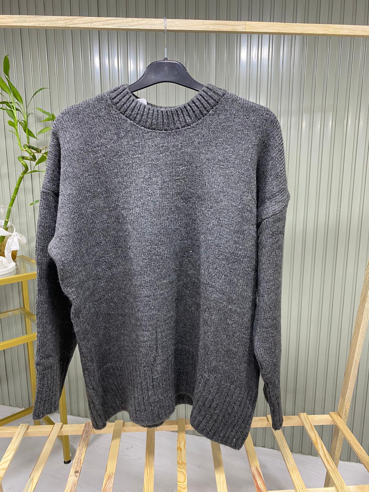 Kadın Gri Bisiklet Yaka Salaş Triko Kazak