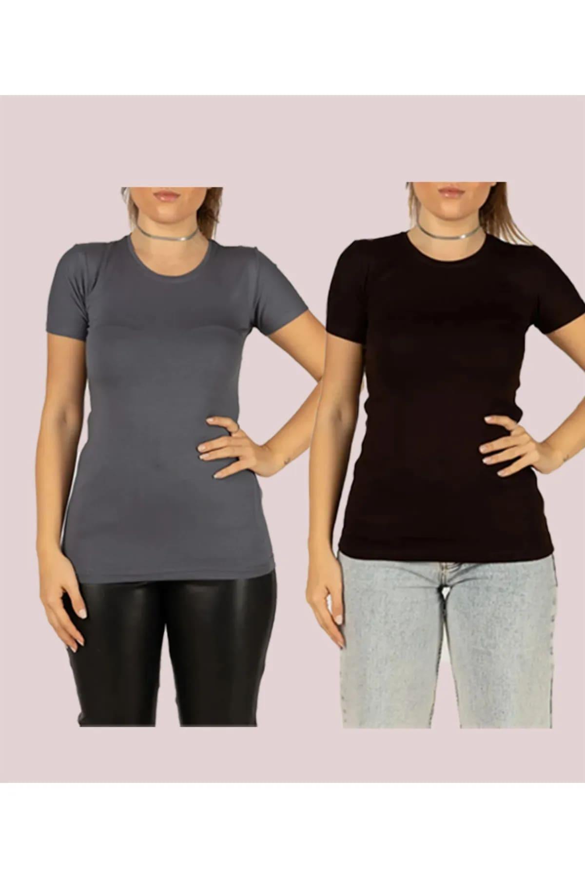 Kadın Kısa Kol Bisiklet Yaka Likralı Esnek Badi 2li Body (2 Adet)