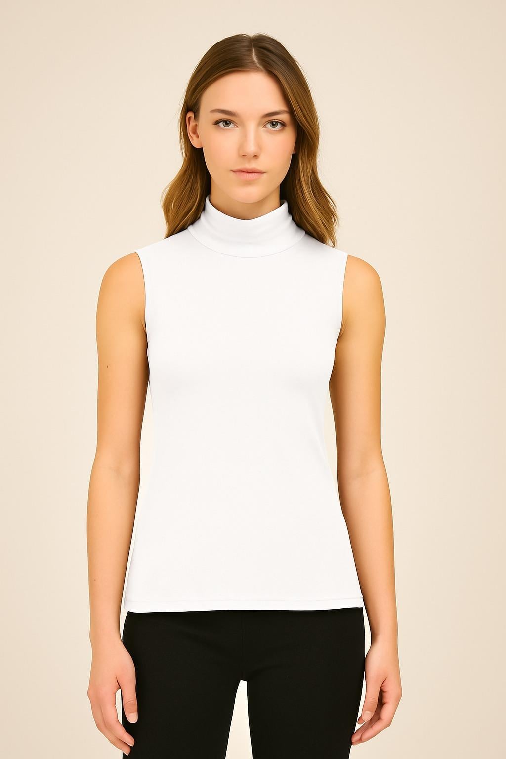 Kadın Kolsuz Boğazlı Beyaz Penye Bluz - Slim Fit Basic Body