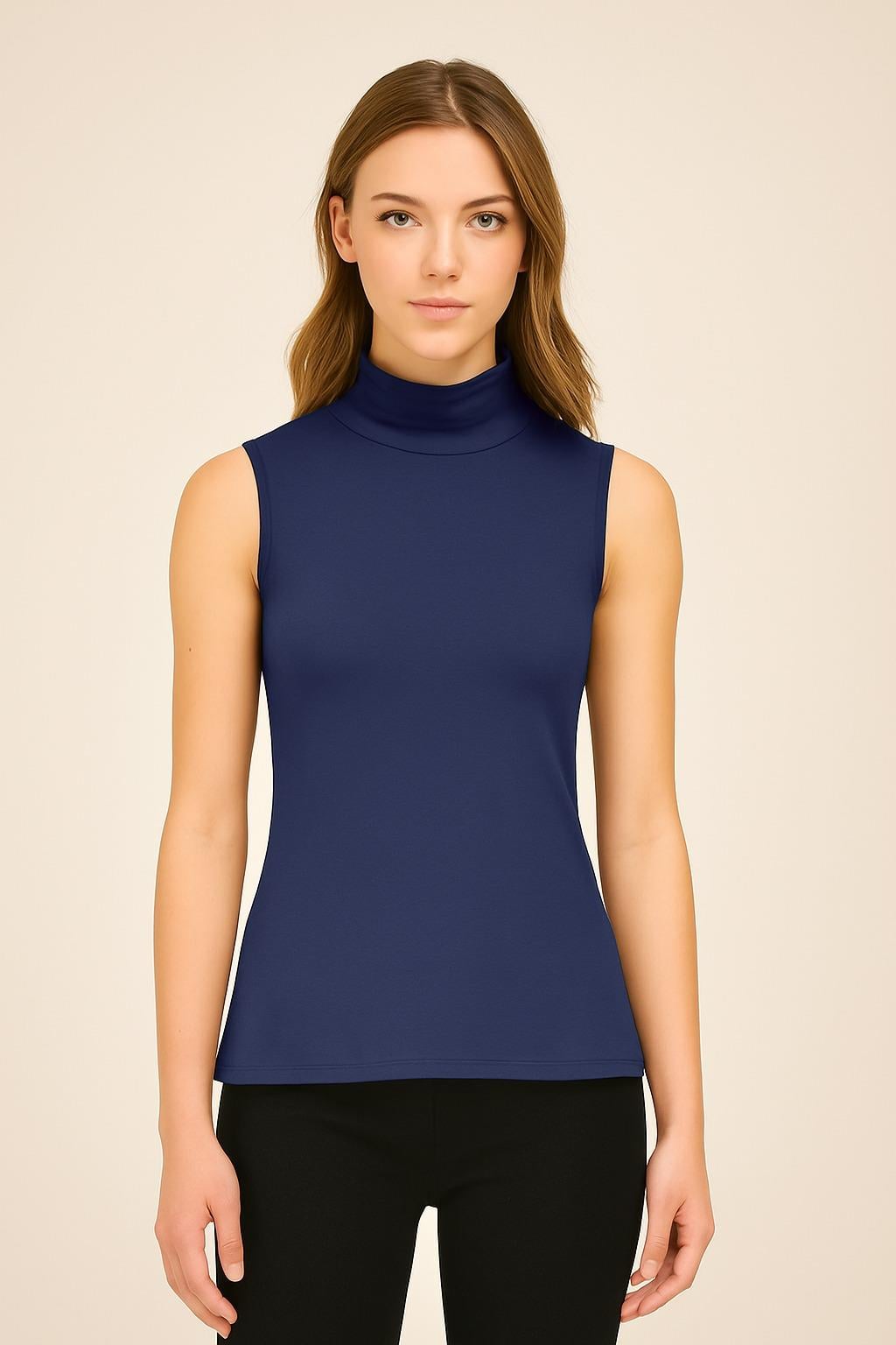 Kadın Kolsuz Boğazlı Lacivert Penye Bluz - Slim Fit Basic Body
