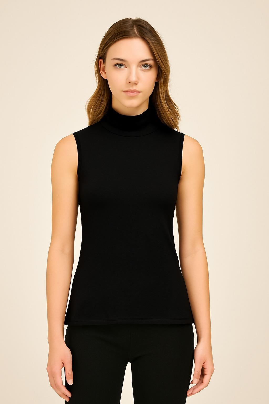 Kadın Kolsuz Boğazlı Siyah Penye Bluz - Slim Fit Basic Body