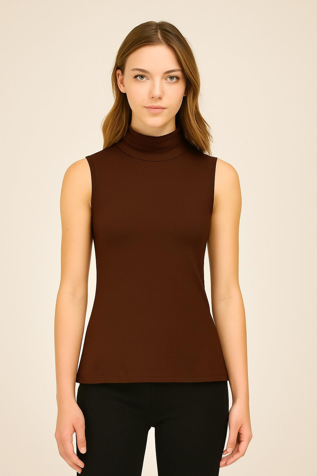 Kadın Kolsuz Boğazlı Kahverengi Penye Bluz - Slim Fit Basic Body