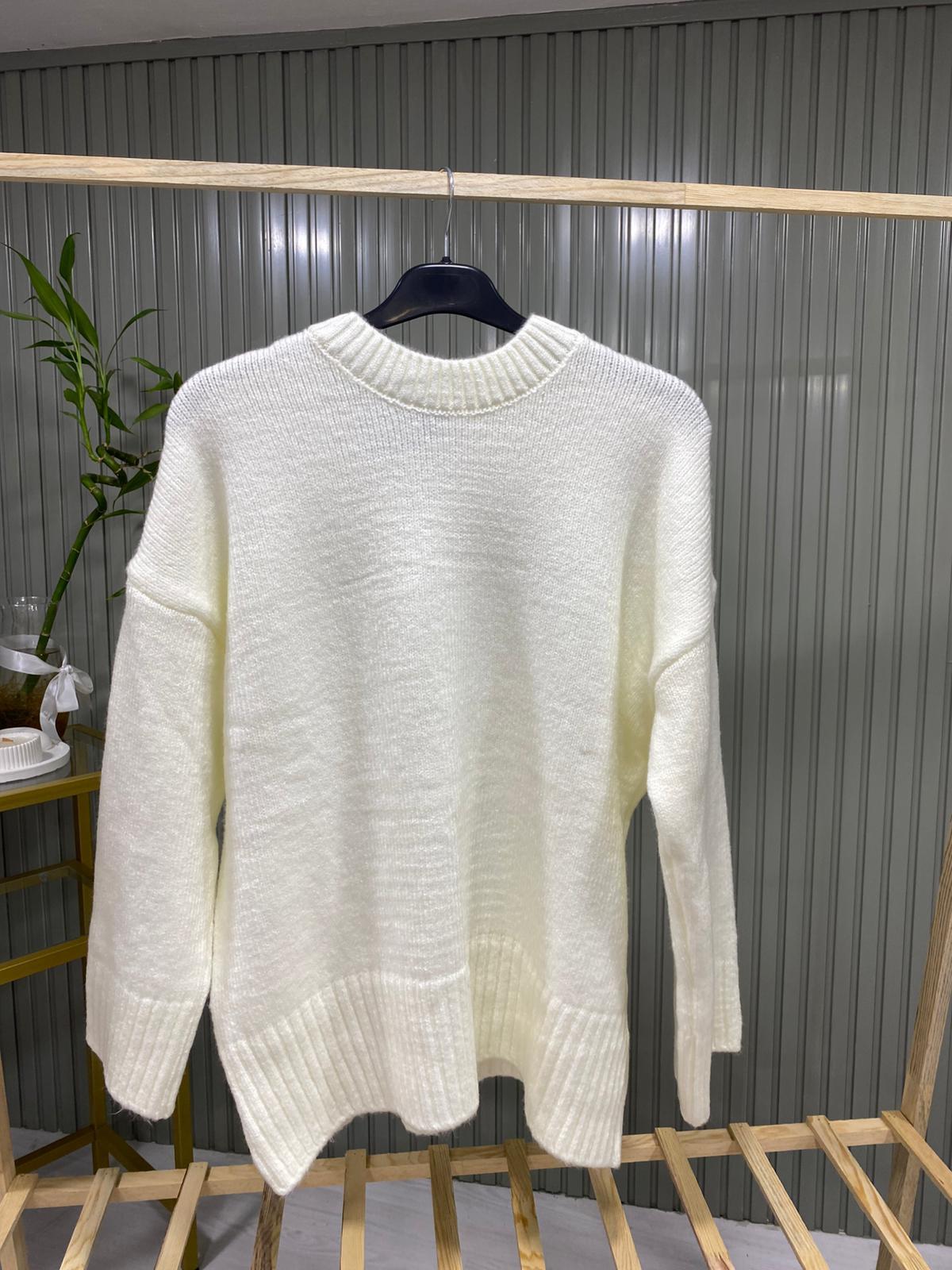 Kadın Krem Bisiklet Yaka Salaş Triko Kazak