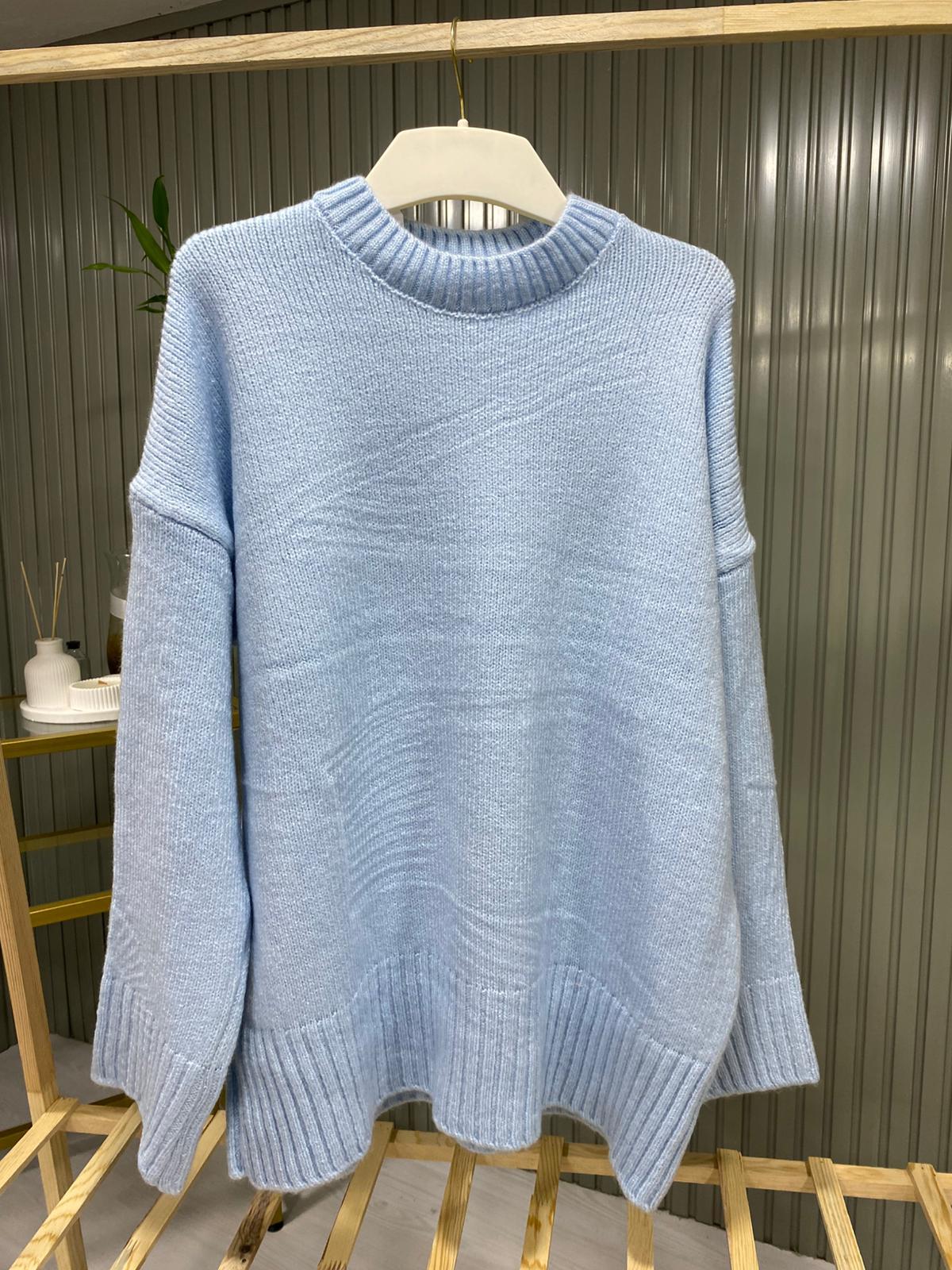 Kadın Mavi Bisiklet Yaka Salaş Triko Kazak