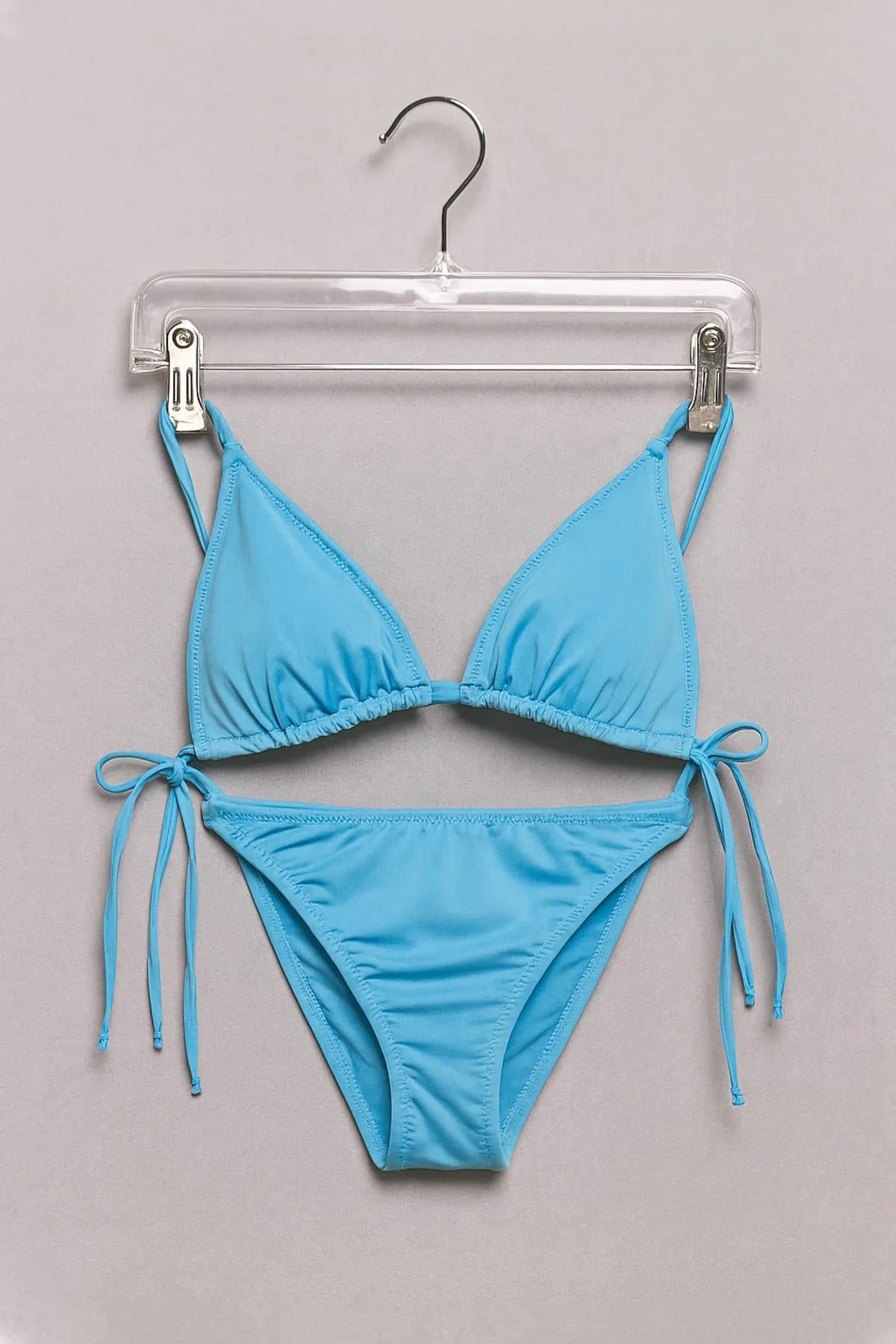 Kadın Mavi Üçgen Üst Yan Bağlamalı Alt İp Detaylı Likralı Bikini Takımı