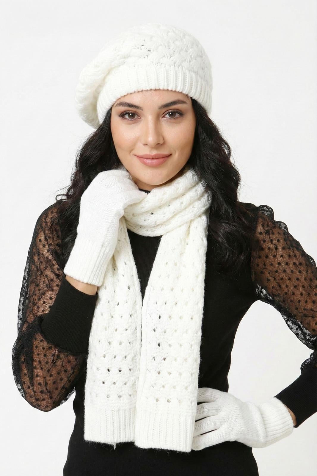 Kadın Beyaz Ressam Model Desenli 3'lü Bere Atkı Eldiven Takımı - Kışlık Triko Set