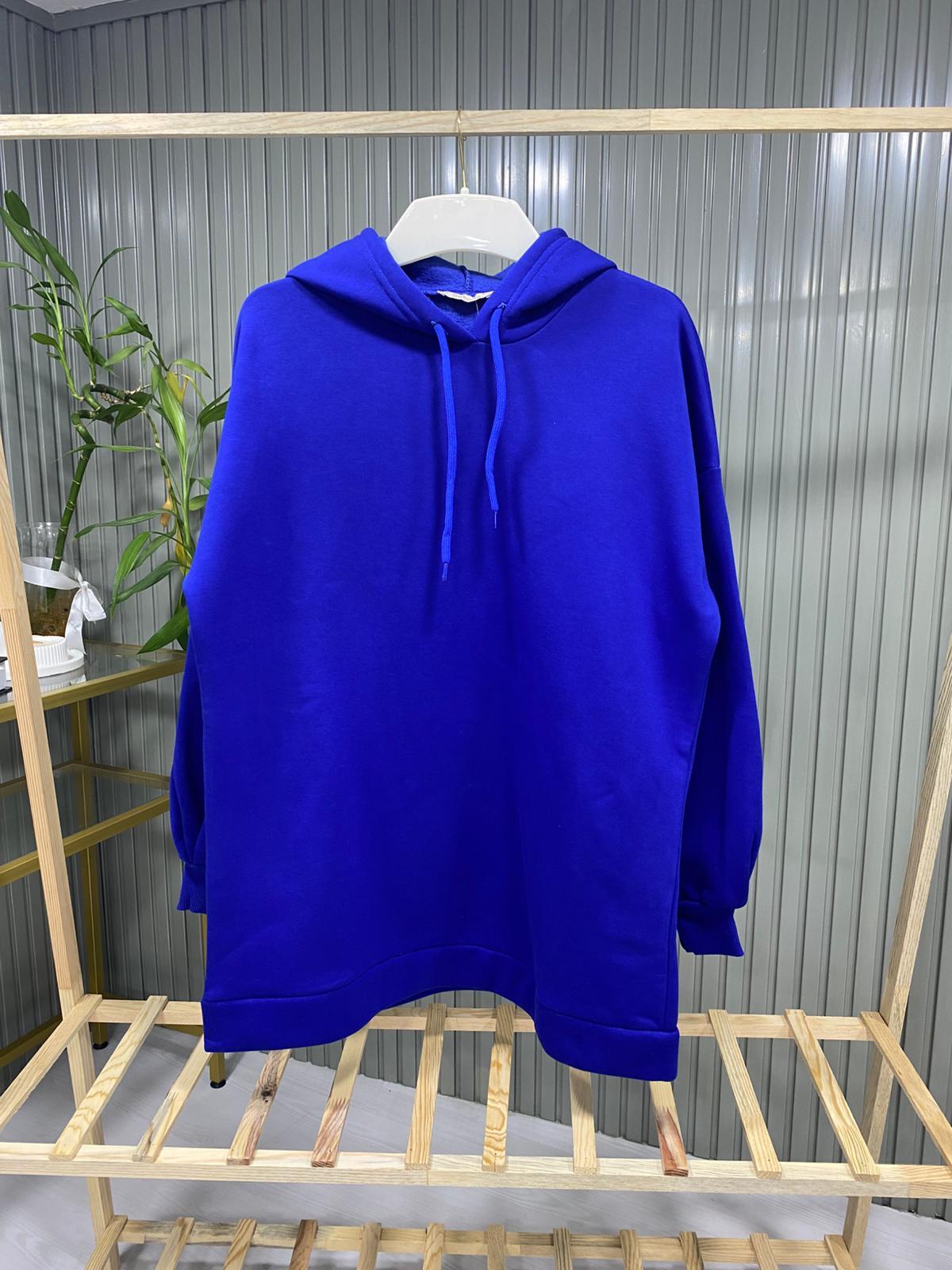 Kadın Saks Mavi Basic Oversize Kapüşonlu Çan Model Sweatshirt