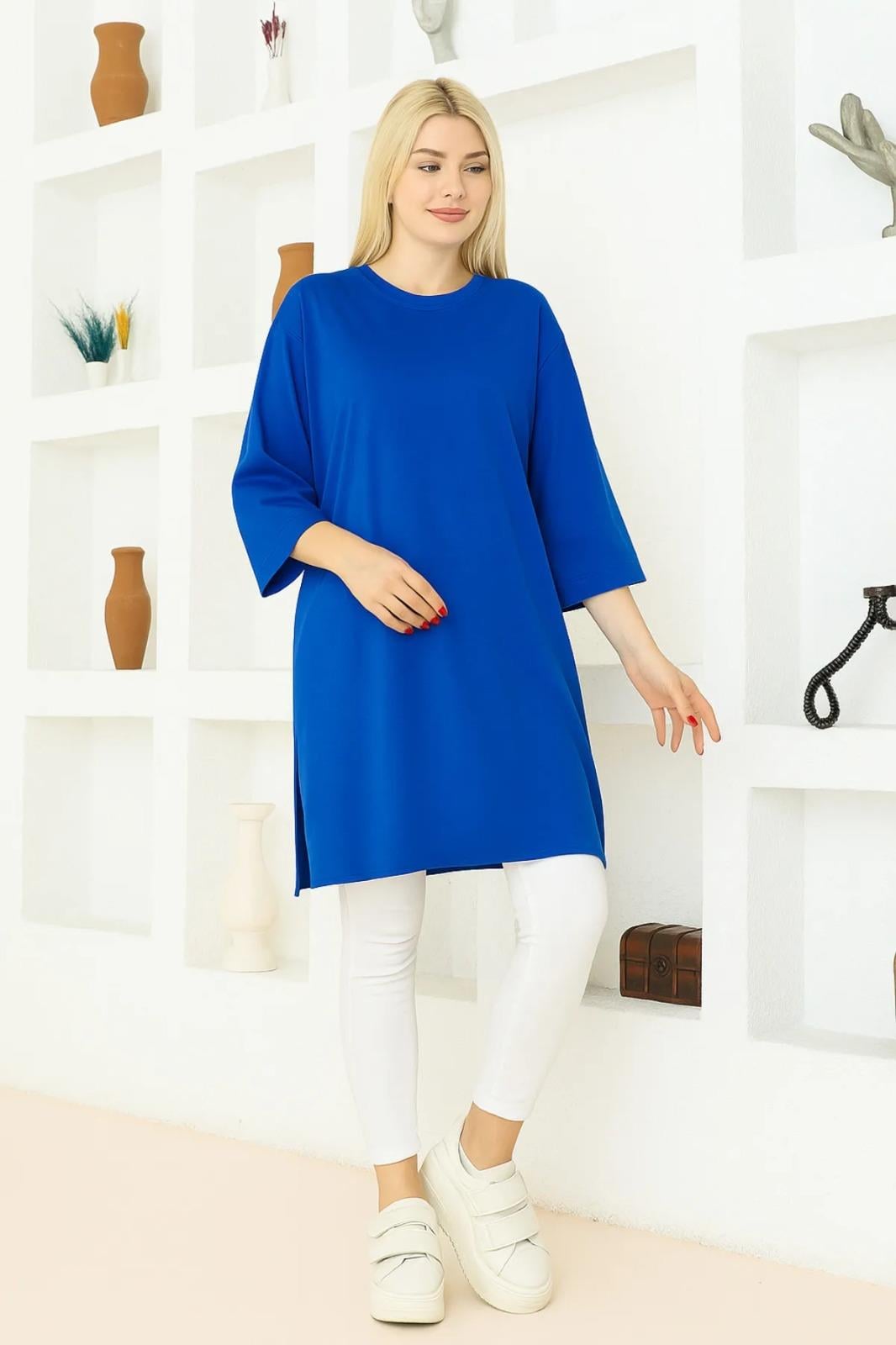 Kadın Saks Mavi Oversize Tunik Tişört – Yarım Kollu, Yuvarlak Yaka, Rahat Kesim