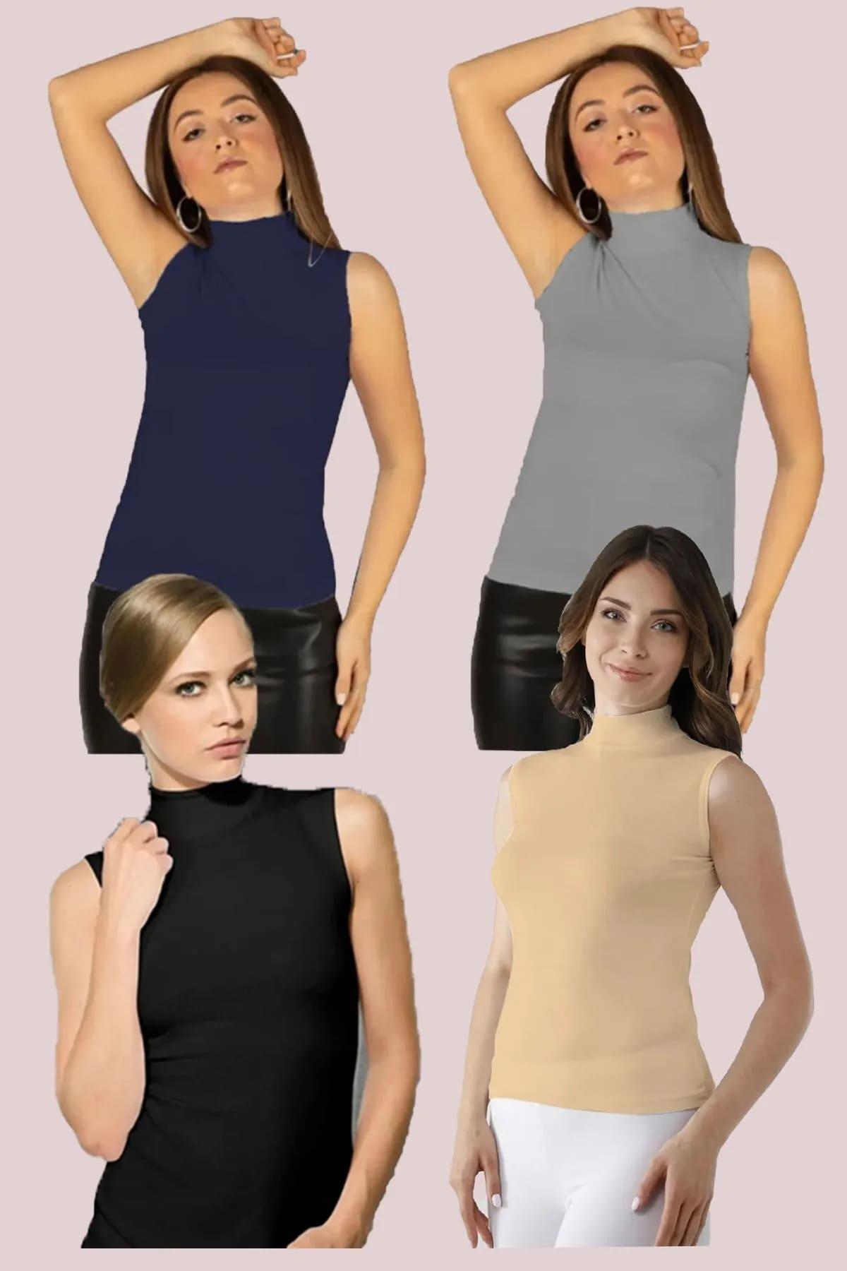 Kadın Sıfır Kol Yarım Balıkçı Likralı Esnek Badi 4lü Body (4 Adet)