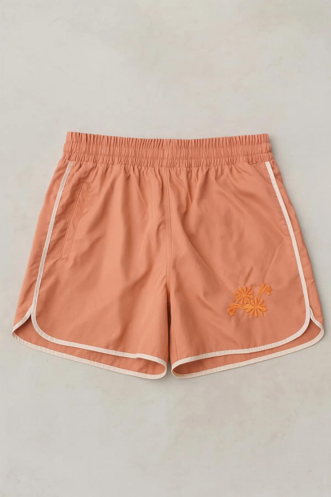 Kadın Somon Cepli Çiçek Nakışlı Şeritli Deniz Şortu