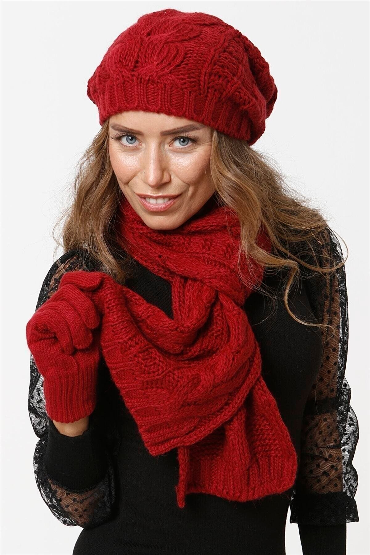 KADIN TRİKO ÖRGÜ MODEL bordo ATKI BERE ELDİVEN SET