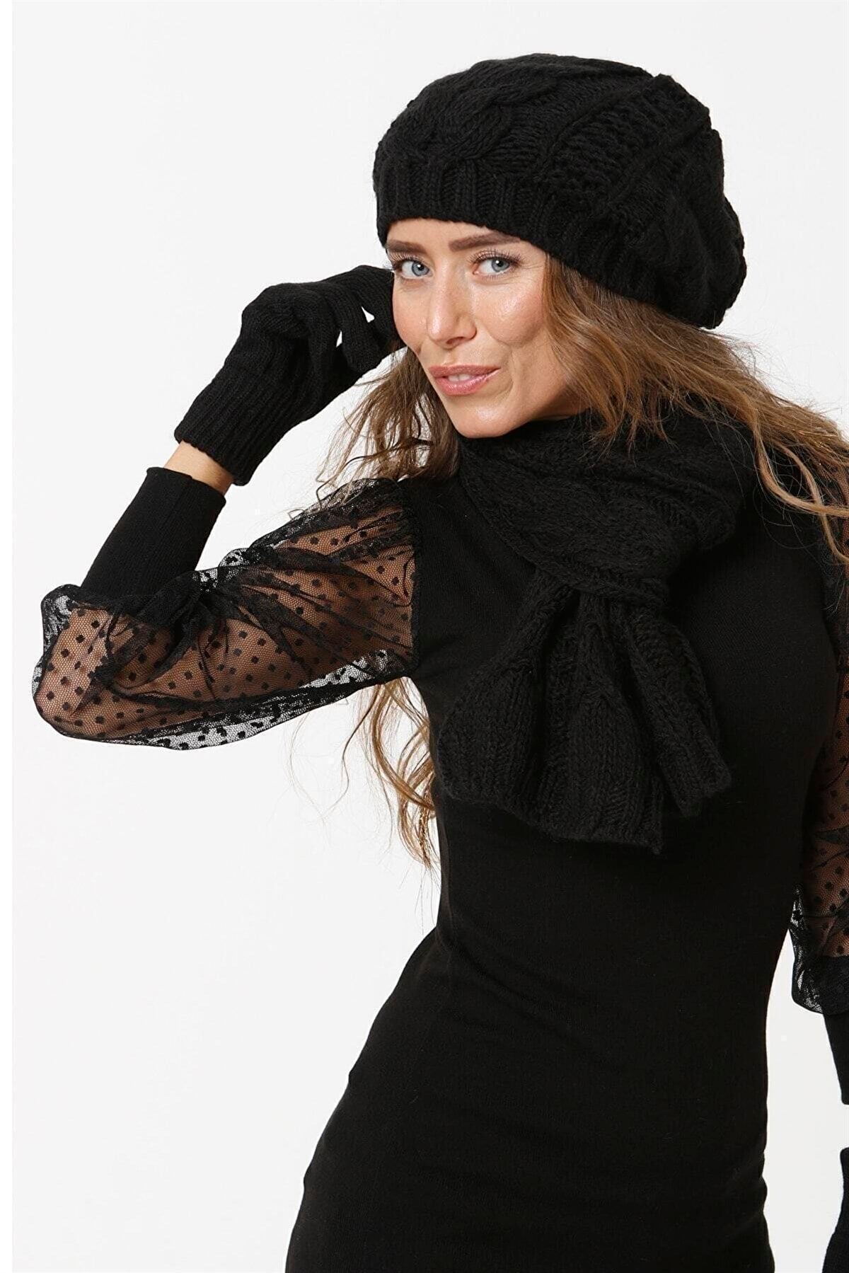 KADIN TRİKO ÖRGÜ MODEL bordo ATKI BERE ELDİVEN SET