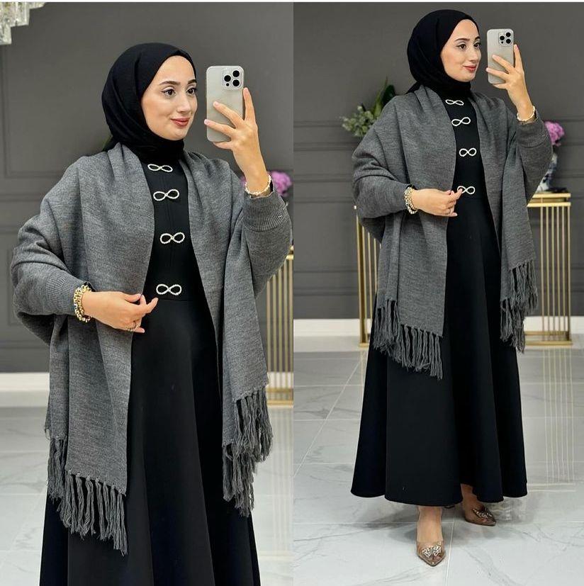 KADIN FÜME UCU PÜSKÜLLÜ TRİKO PRENSES MODEL ŞAL PANÇO