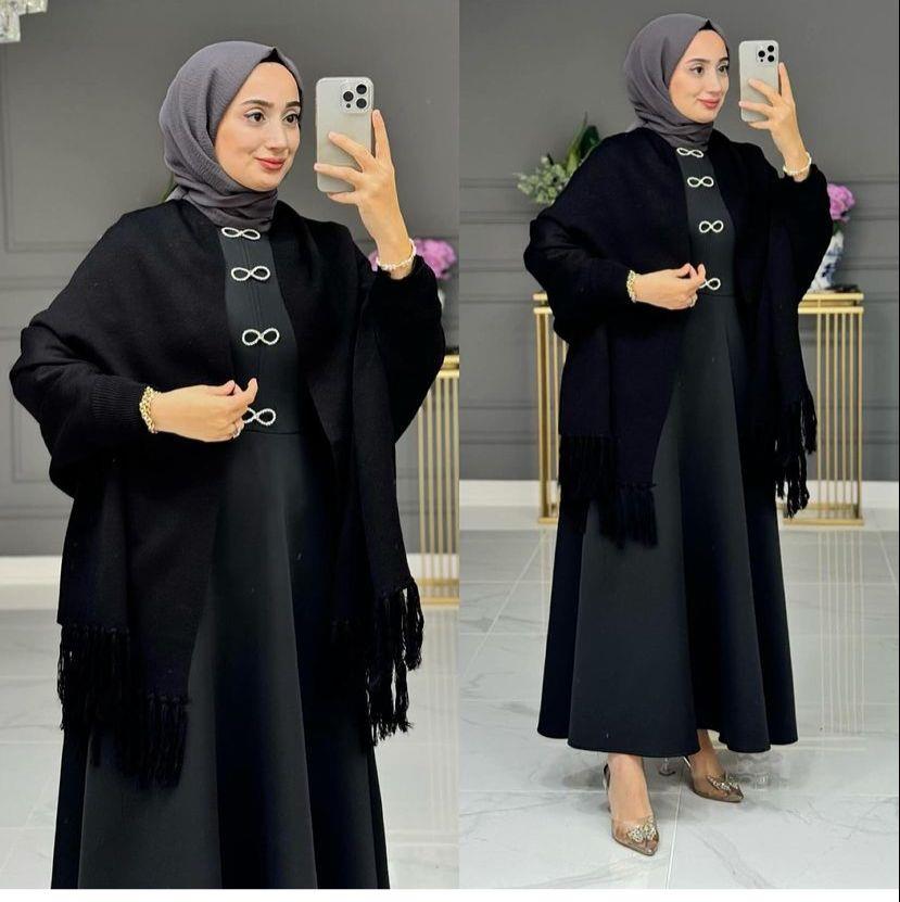 KADIN SİYAH UCU PÜSKÜLLÜ TRİKO PRENSES MODEL ŞAL PANÇO