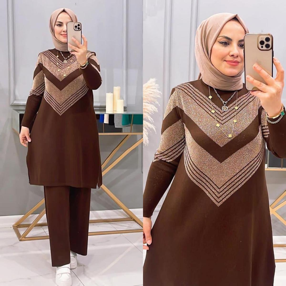 KADIN UZUN BİSİKLET YAKA TRİKO KENDİNDEN SİMLİ DESENLİ KAHVERENGİ TUNİK TRİKO KAZAK TAKI