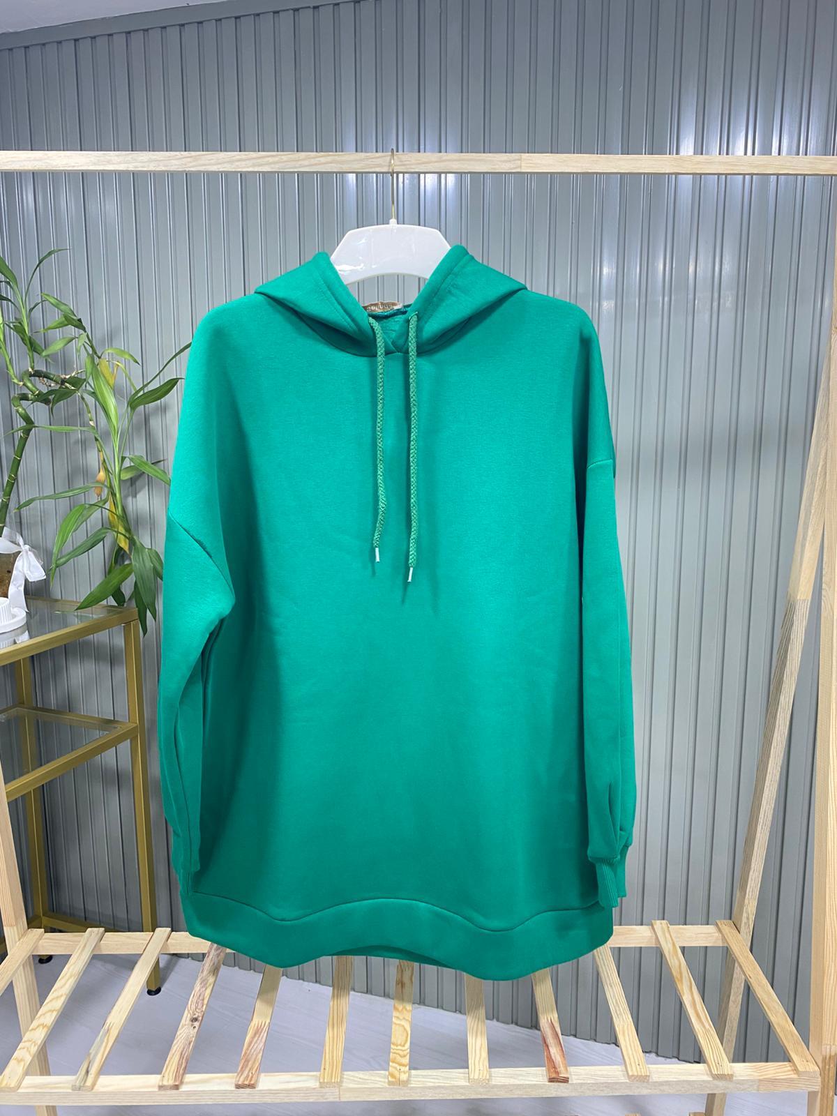 Kadın Yeşil Basic Oversize Kapüşonlu Çan Model Sweatshirt